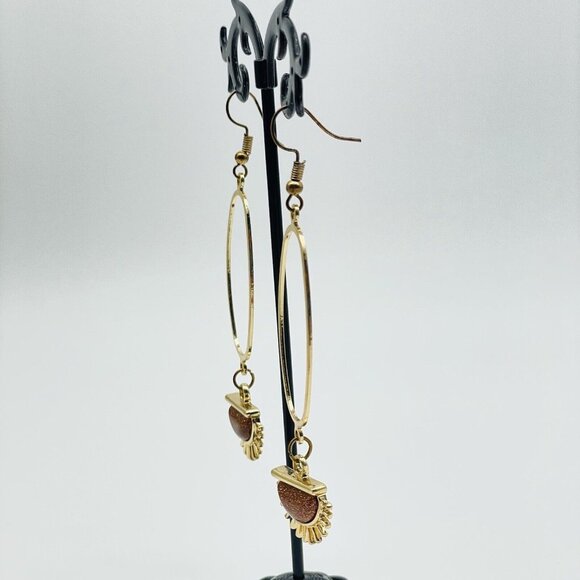 Oval Hoop Earrings Half Sun Charm Gold Tone Brown Glitter Bead Boho Festival - Picture 6 of 9